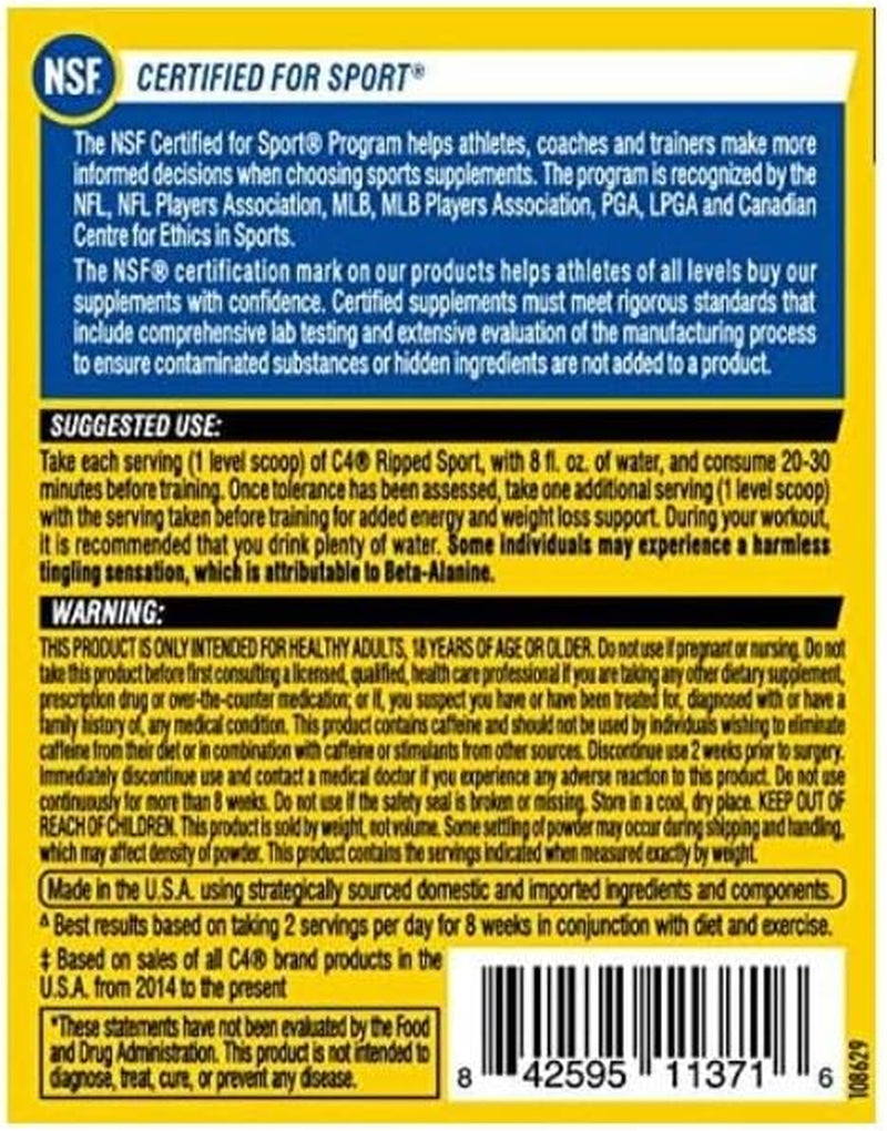 C4 Ripped Sport Pre Workout Powder Fruit Punch - NSF Certified for Sport + Sugar Free Preworkout Energy Supplement for Men & Women | 135Mg Caffeine | 30 Servings