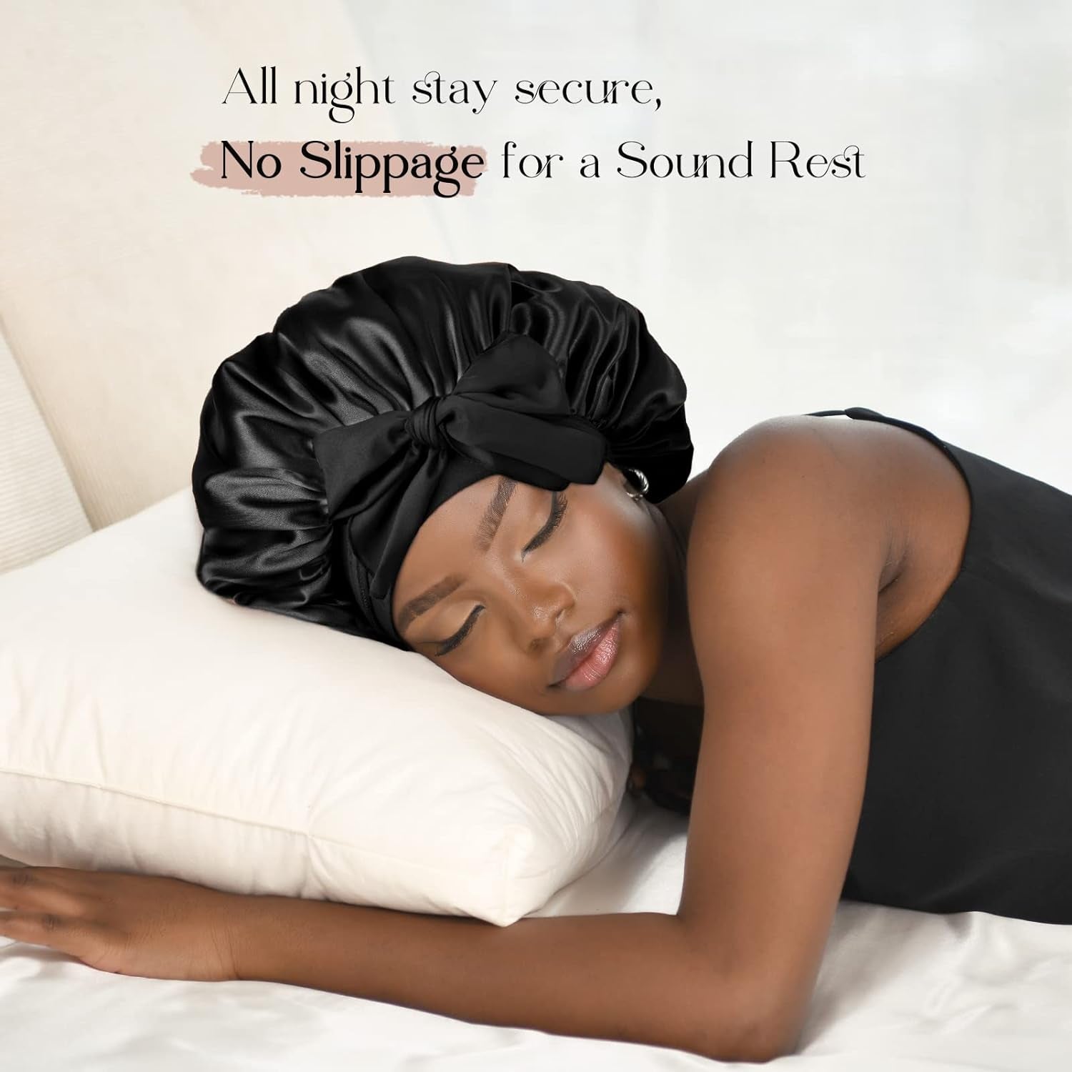 Satin Bonnet Silk Bonnet for Sleeping Double Layer Satin Lined Black Hair Bonnet with Tie Band Bonnets for Women Natural Curly Hair