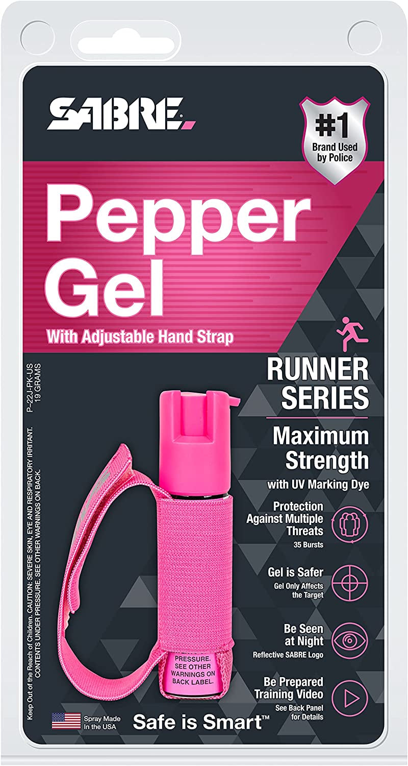 Runner Pepper Gel, Maximum Police Strength OC Spray, Reflective Hand Strap for Easy Carry & Quick Access, 35 Bursts, Secure & Easy to Use Safety, Optional Clip-On Alarm & LED Armband Combos