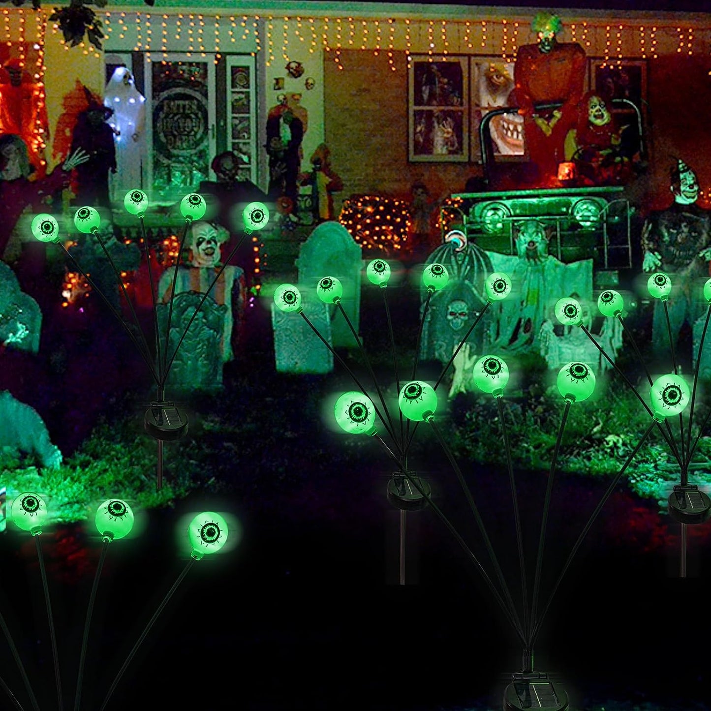 4 Pack 24LED Solar Eyeball Pathway Lights, Scary Halloween Decorations Outdoor, Waterproof Solar Green Firefly Lights for Garden Lawn Yard Decor (4 Pack)