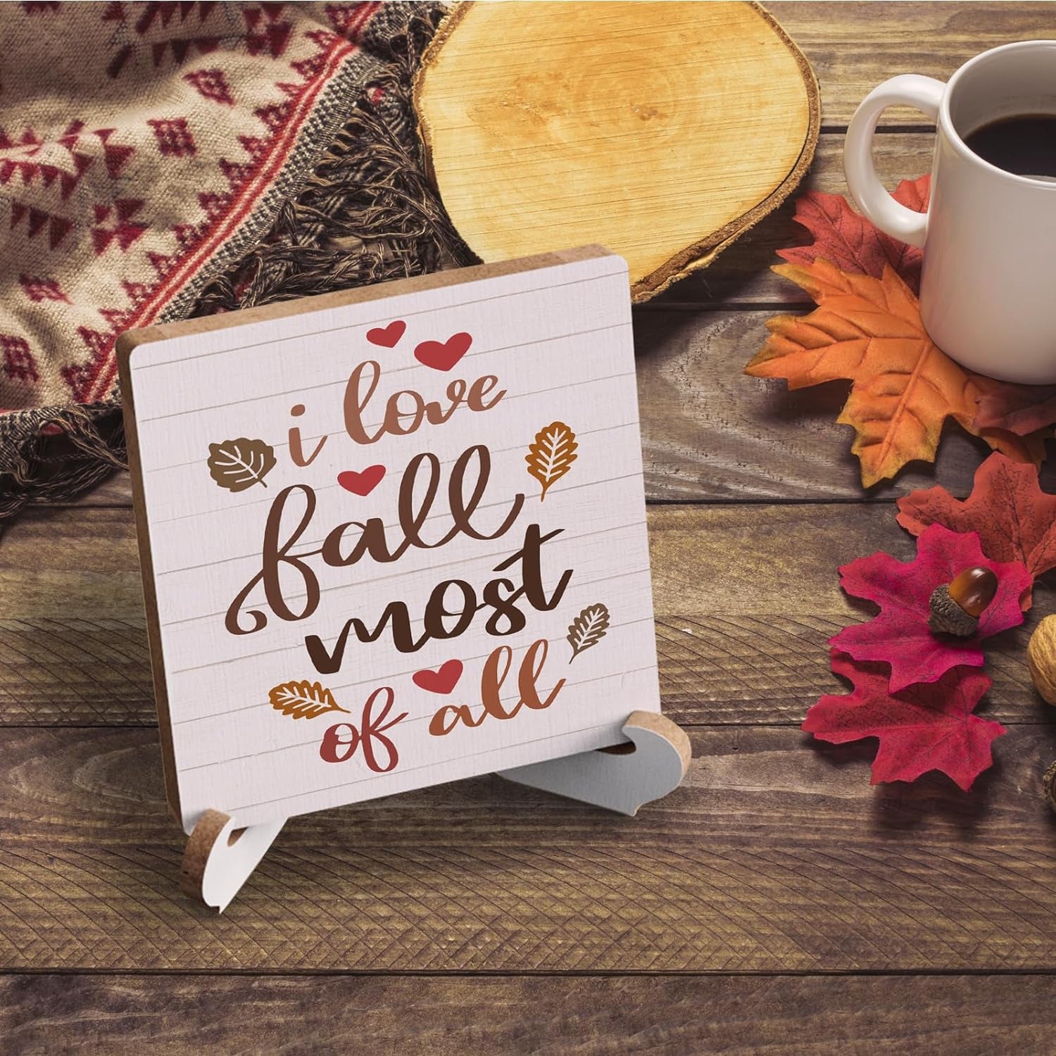 Fall Sign Autumn Thanksgiving Fall Decor Rustic Wooden Desk Decor Funny Fall Quotes for Home Farmhouse Kitchen Shelf Table Centerpieces Seasonal Harvest Decoration Plaque with Wood Stand