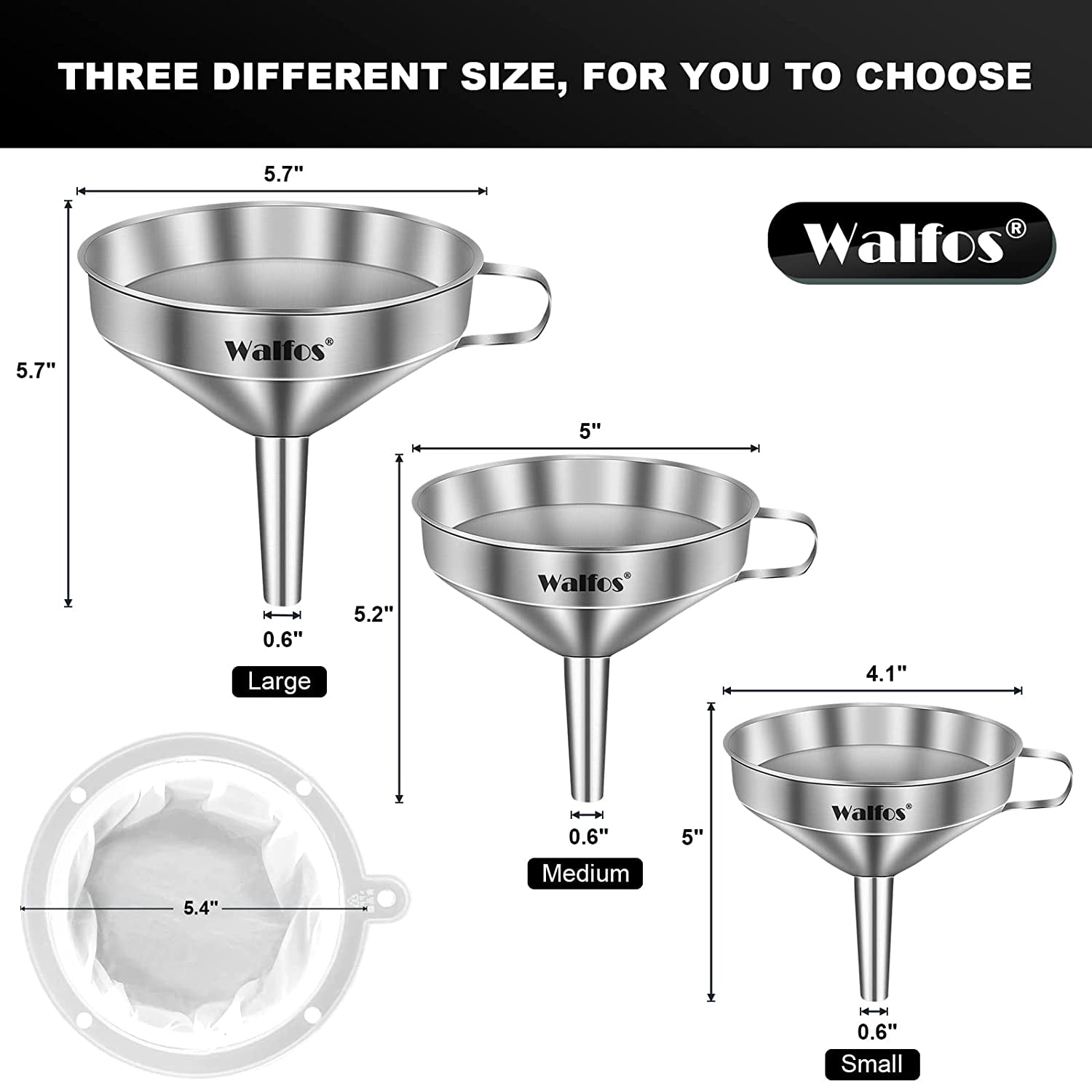 3Pcs Kitchen Funnel with 2 Removable Strainer ＆ 1 Cleaning Brush & 1Pc 200 Mesh Food Filter Strainer, Food Grade Stainless Steel Funnel for Transferring of Liquid, Oils, Jam, Dry Ingredients