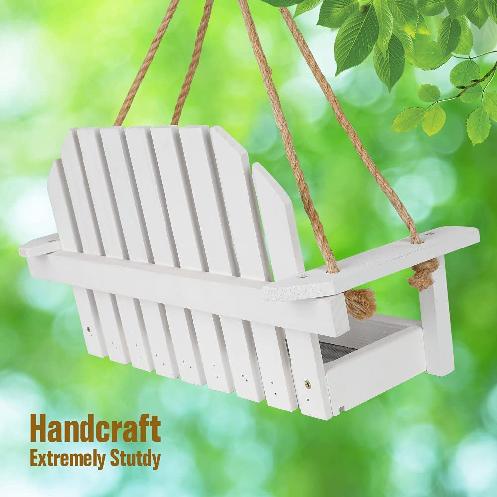 Solution4Patio White Swing Wild Bird Feeder for Outside, Metal Mesh Bottom, Cute Bench Bird Feeder or Squirrel Feeder for Yard, Porch Decoration, Large Capacity, Easy to Fill & Clean, #8455