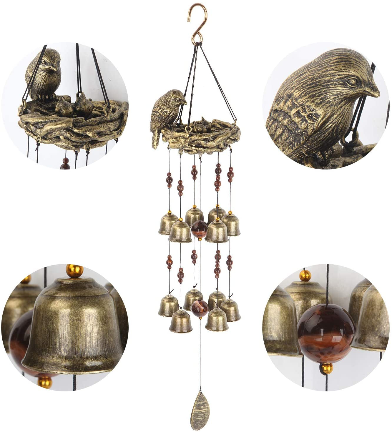 Gardenvy Bird Nest Wind Chime, Bird Bells Chimes with 12 Wind Bells for Glory Mother’S Love Gift, Garden Backyard Church Hanging Decor, Bronze