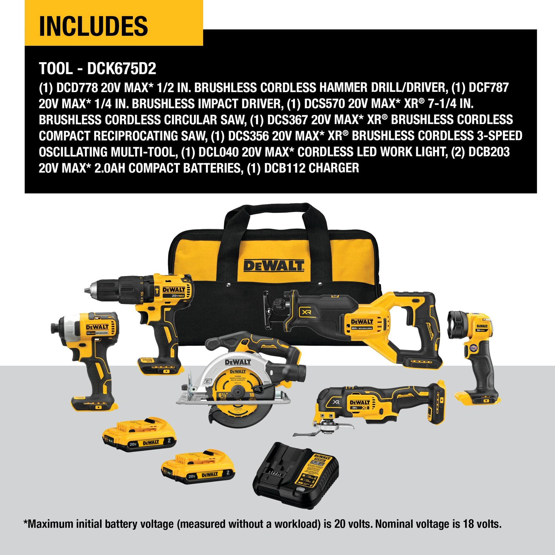 DEWALT 6-Tool 20-Volt Max Brushless Power Tool Combo Kit with Soft Case (2-Batteries and Charger Included)