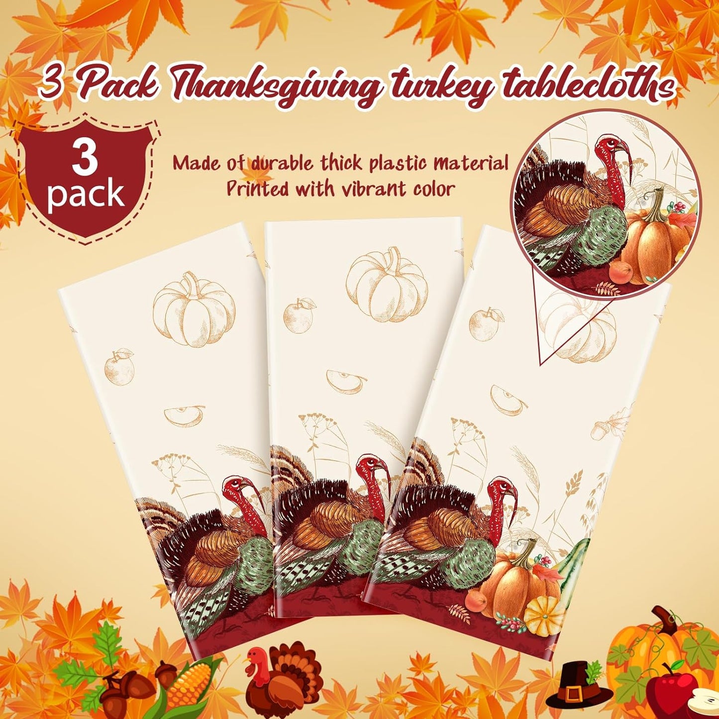 3 Pack Thanksgiving Disposable Tablecloth for Rectangle Tables, Plastic Thanksgiving Turkey Tablecloth Party Supplies, Pumpkin Table Cover for Fall Thanksgiving Harvest Party Decorations, 54X108 Inch
