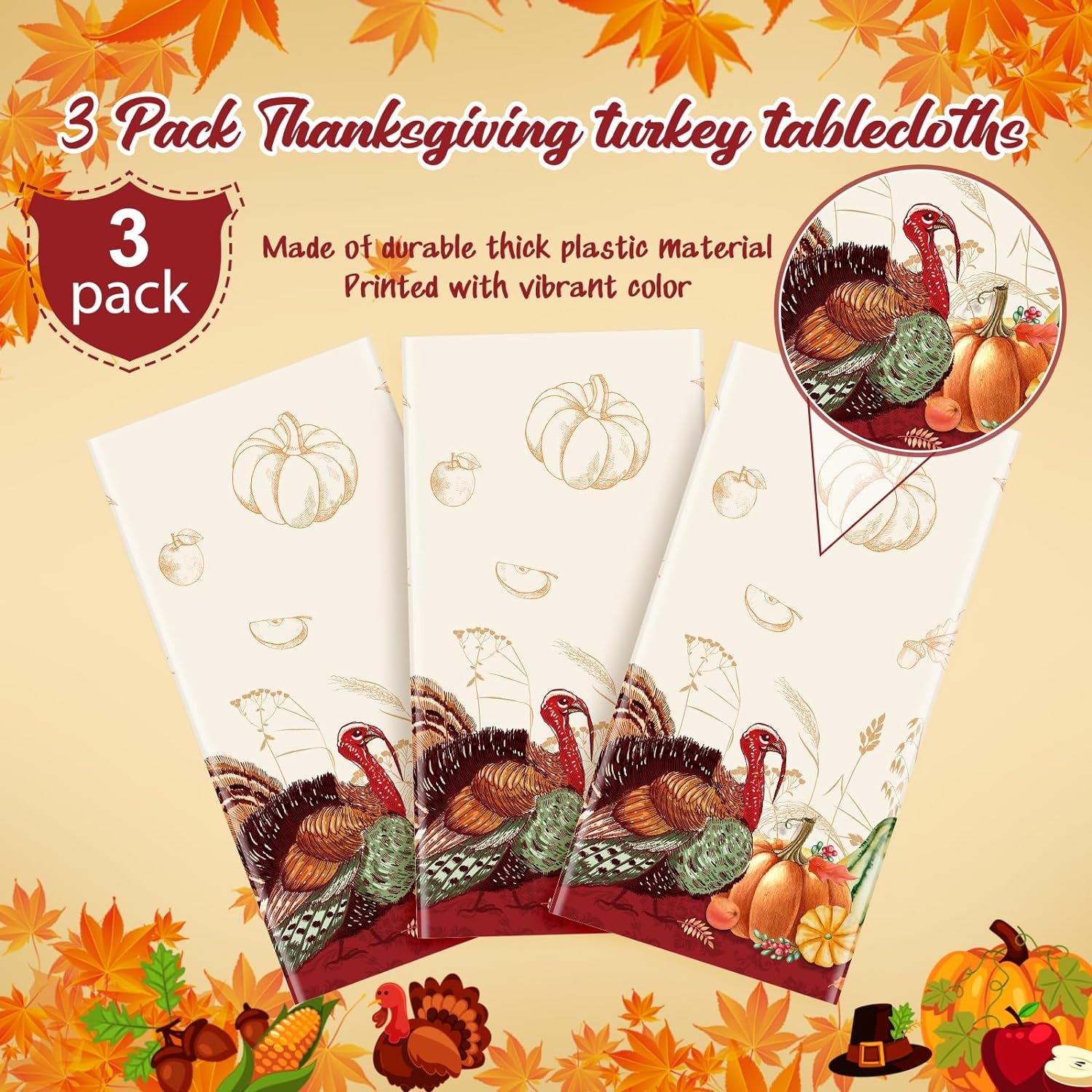 3 Pack Thanksgiving Disposable Tablecloth for Rectangle Tables, Plastic Thanksgiving Turkey Tablecloth Party Supplies, Pumpkin Table Cover for Fall Thanksgiving Harvest Party Decorations, 54X108 Inch