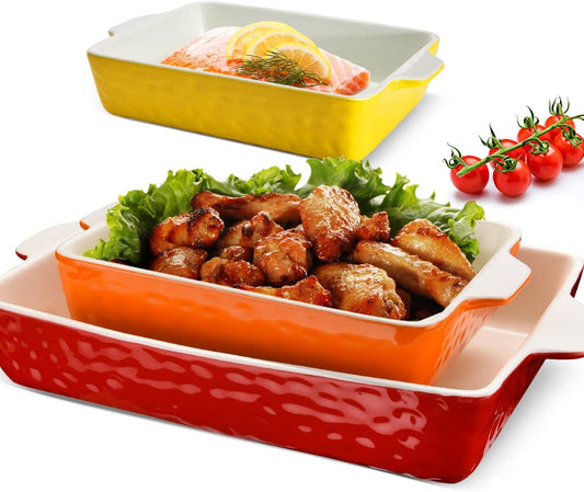 3Pack Ceramic Baking Dish for Oven Large Casserole Baking Dish with Handles Packaging Upgrade Nonstick Ceramic Bakeware for Cooking, Cakes, Lasagna & Gift, Red