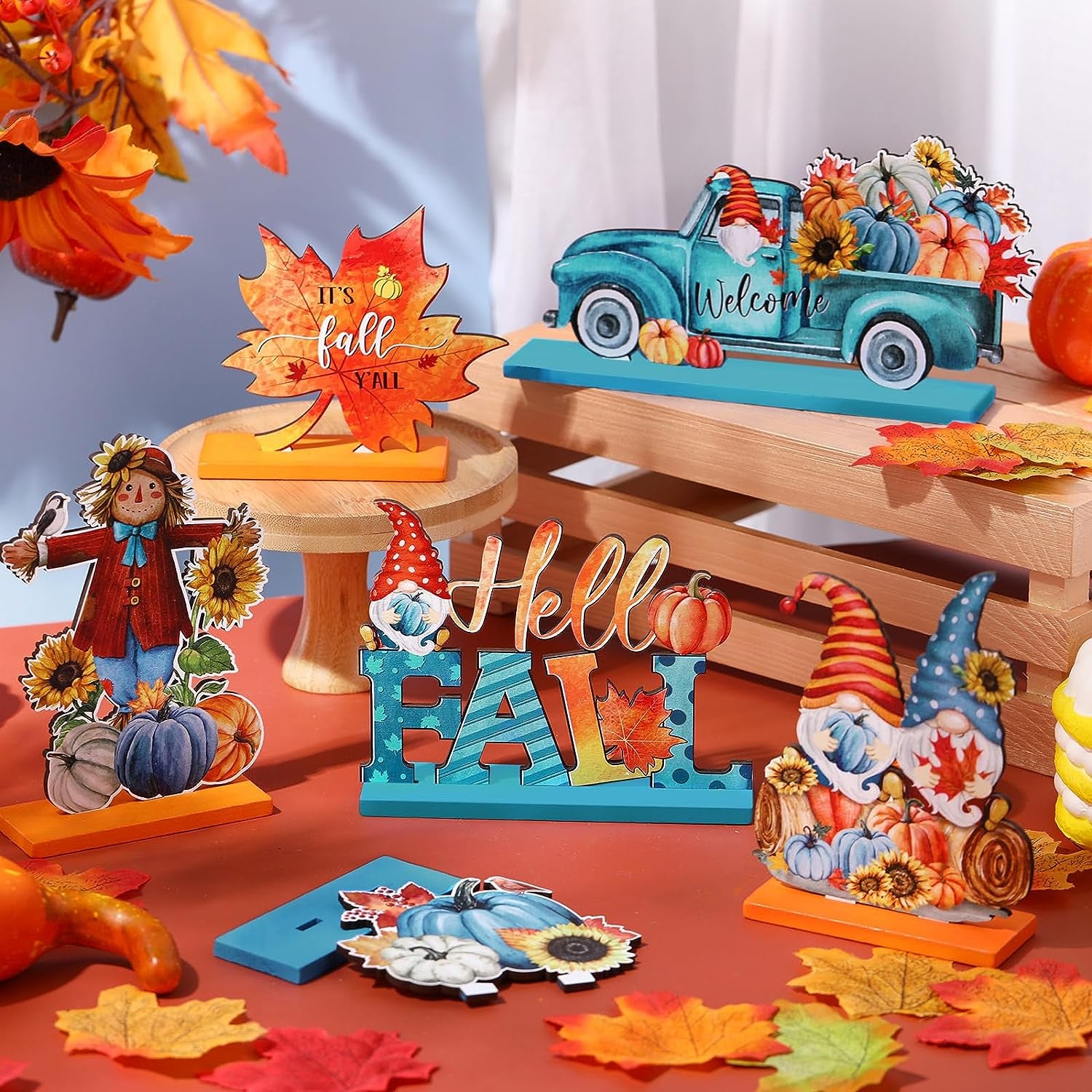 6 Pcs Fall Table Decorations Wooden Thanksgiving Table Signs Hello Fall Gnomes Pumpkin Truck Scarecrow Table Centerpieces for Autumn Harvest Thanksgiving Party Decor Supplies(Fresh)