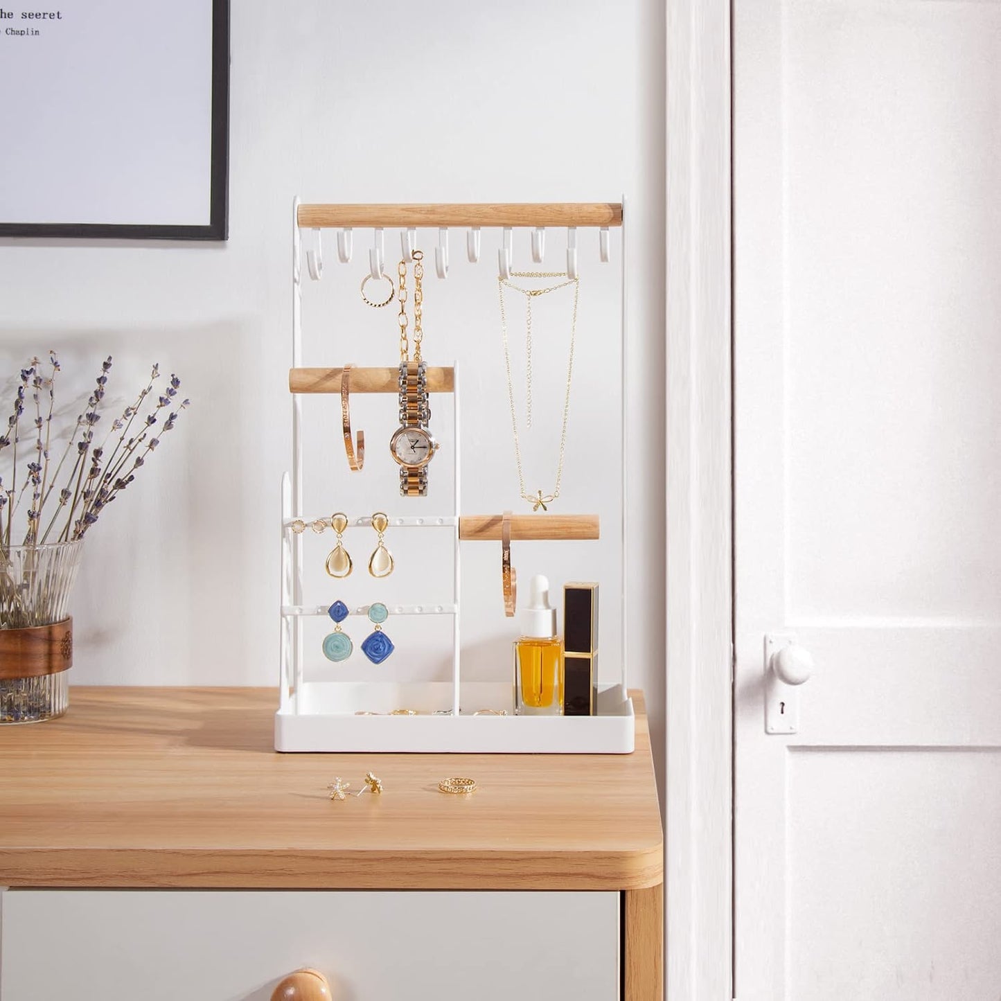 Jewelry Organizer Stand Necklace Holder, 4-Tier Jewelry Tower Rack with Earring Tray and Holes, 10 Hooks Necklaces Hanging Storage Tree Display for Bracelets Watches Earrings Rings -White