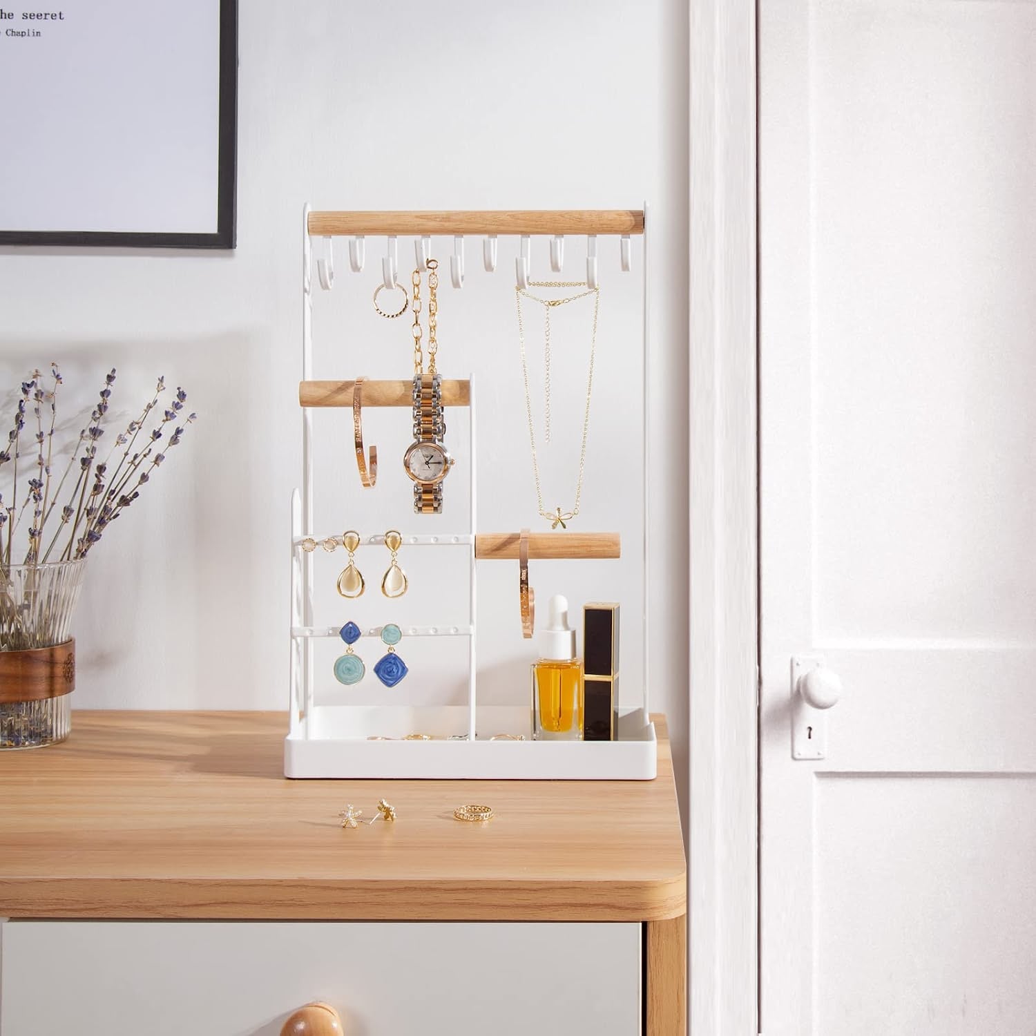 Jewelry Organizer Stand Necklace Holder, 4-Tier Jewelry Tower Rack with Earring Tray and Holes, 10 Hooks Necklaces Hanging Storage Tree Display for Bracelets Watches Earrings Rings -White