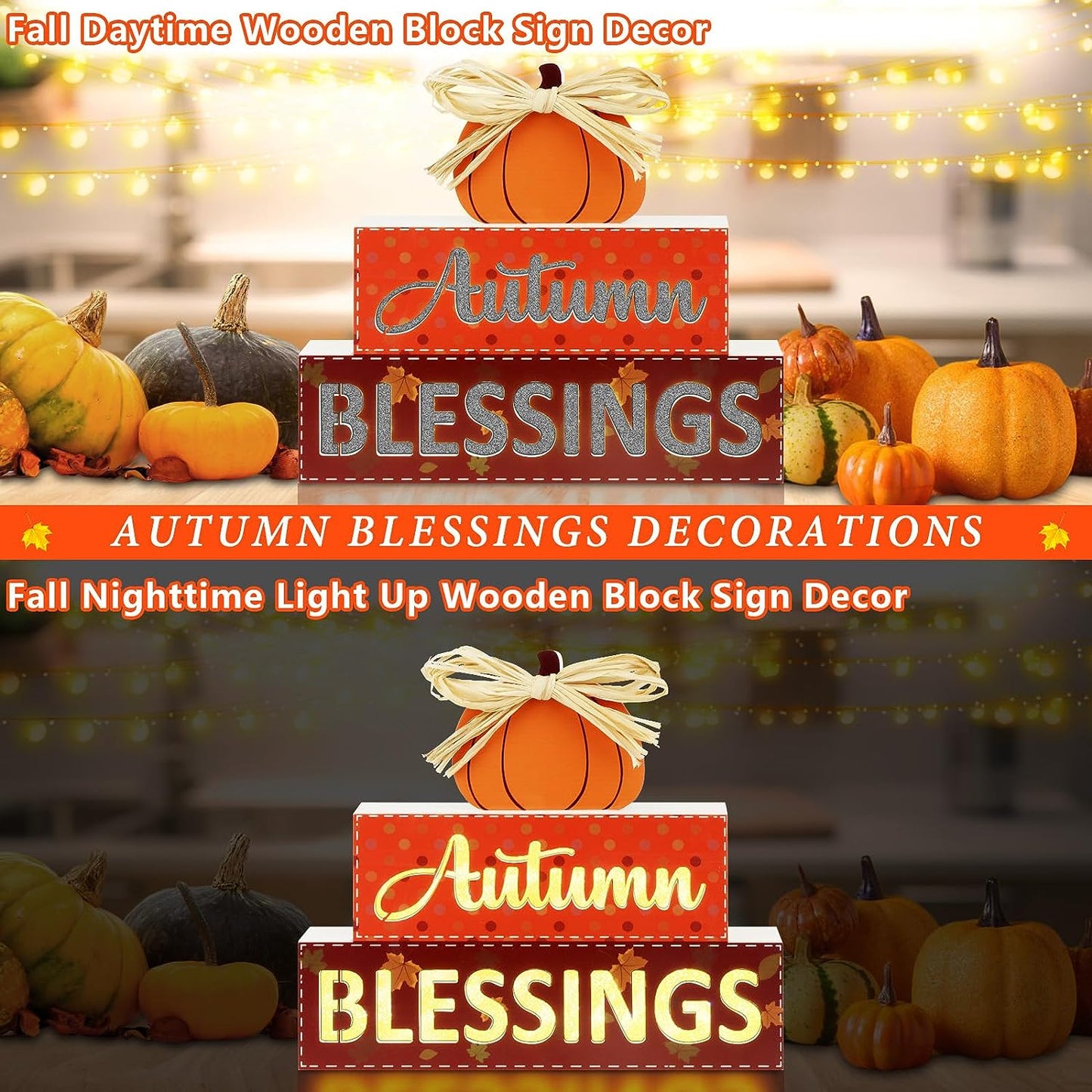 Fall Wooden Signs Light Up,Autumn Blessings Pumpkin Sing Lighted Fall Decorations for Home Indoor Table Mantle Tiered Tray Decor, Fall Harvest Thanksgiving Farmhouse Tabletop Decor