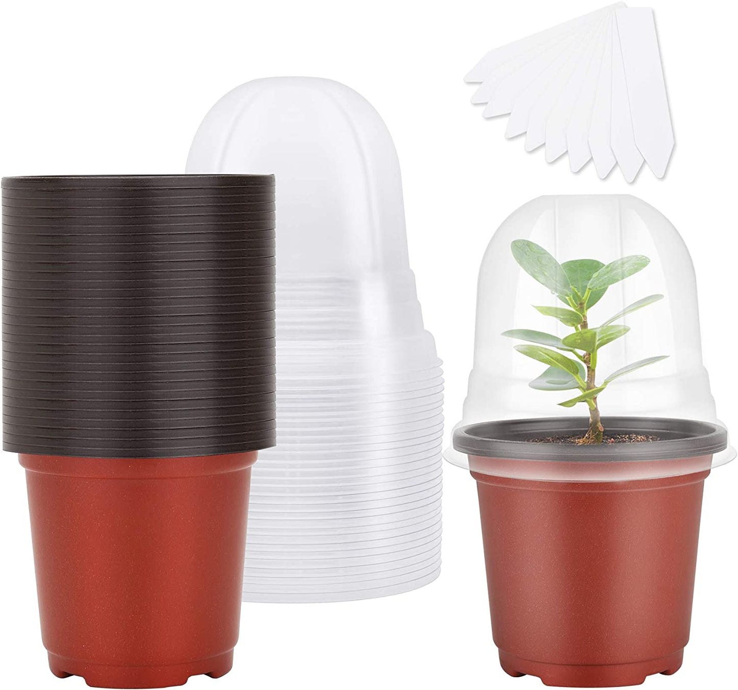 Plant Nursery Pots with Humidity Dome 4" Soft Transparent Plastic Gardening Pot Planting Containers Cups Planter Small Starter Seed Starting Trays for Seedling with 10Pcs Plant Labels，30 Sets