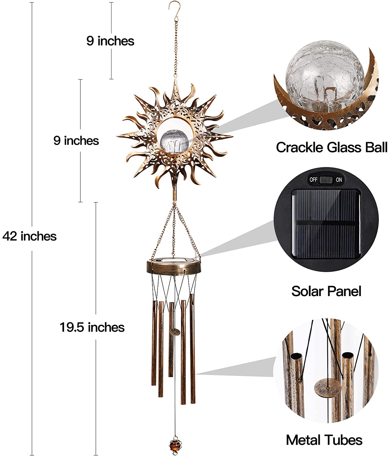 Solar Wind Chimes, Sun Wind Chime Outdoor Clearance W/Glowing Crackle Glass LED Unique Wind Bells for outside Waterproof Chimes, Gifts for Her/Him (42" Long Metal Chimes)…