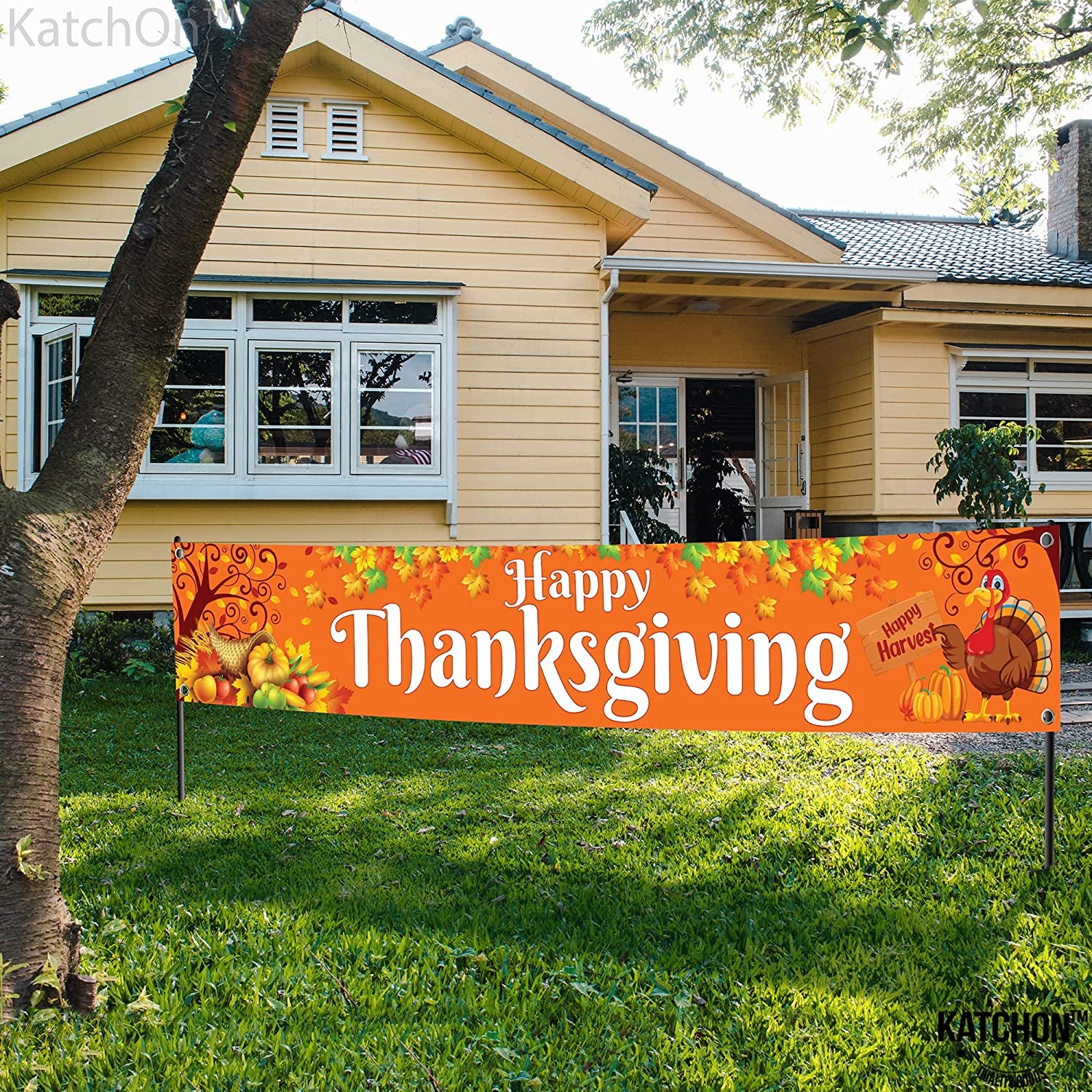 , Large Happy Thanksgiving Banner Outdoor - 120X20 Inch | Thanksgiving Fence Banner for Thanksgiving Yard Decorations | Thanksgiving Banners for outside for Thanksgiving Banner Decorations