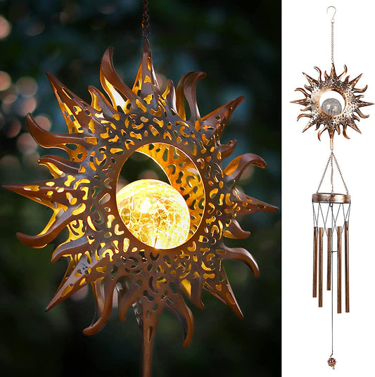 Solar Wind Chimes, Sun Wind Chime Outdoor Clearance W/Glowing Crackle Glass LED Unique Wind Bells for outside Waterproof Chimes, Gifts for Her/Him (42" Long Metal Chimes)…