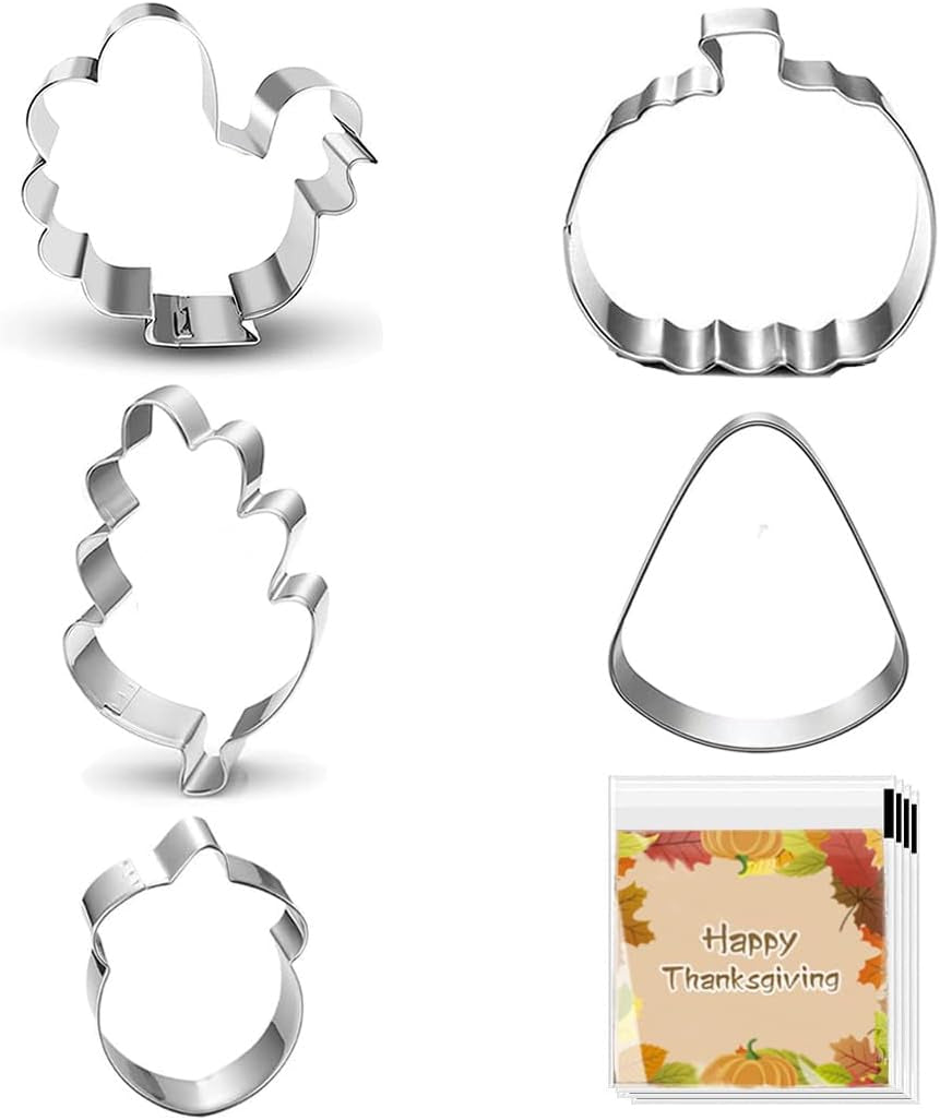 Fall Thanksgiving Feast Cookie Cutters - 5 Pieces Large Cookie Cutters Shape - Turkeys, Oak Leaf, Pumpkin, Acorn, Candy Corn for Christmas Food Party Decorations