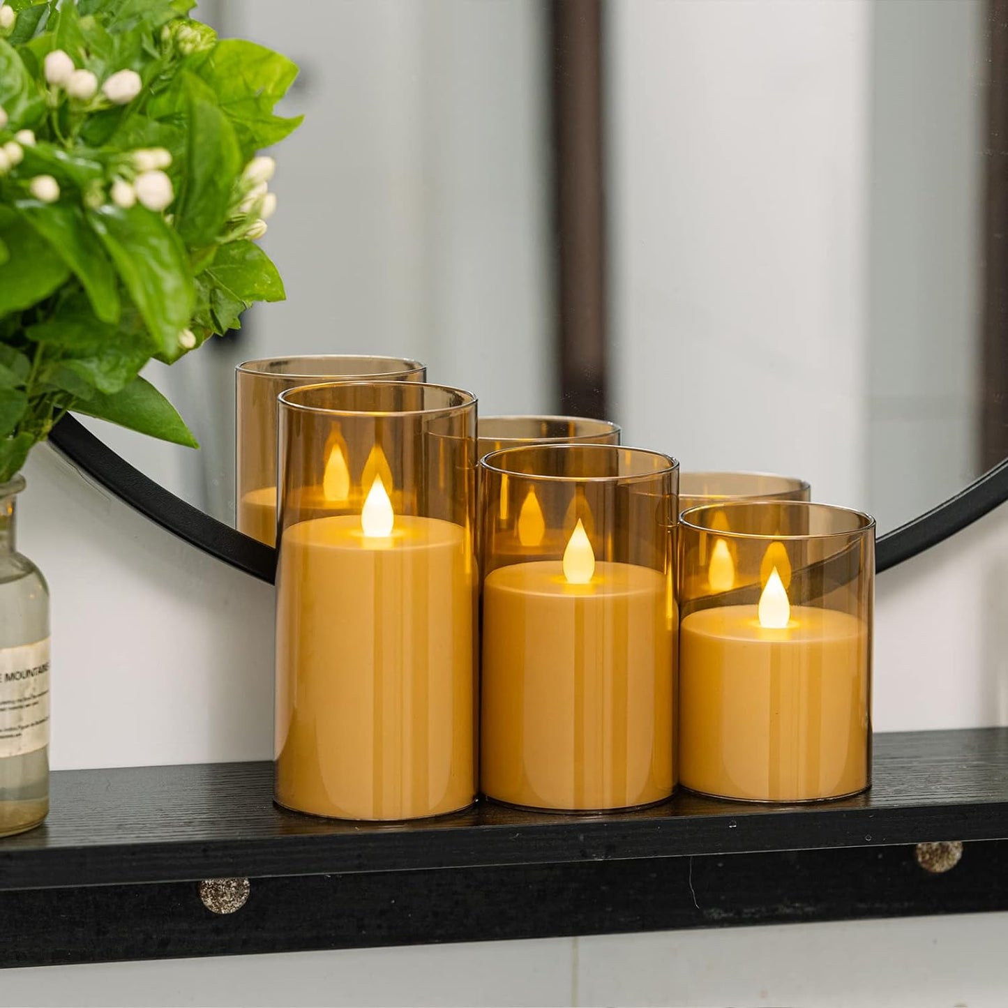 Flameless Candles with Remote, Acrylic Battery Operated Flickering LED Pillar Candles Set of 3 (D:3" X H:4" 5" 6"), Electric Fake Candles, Brown