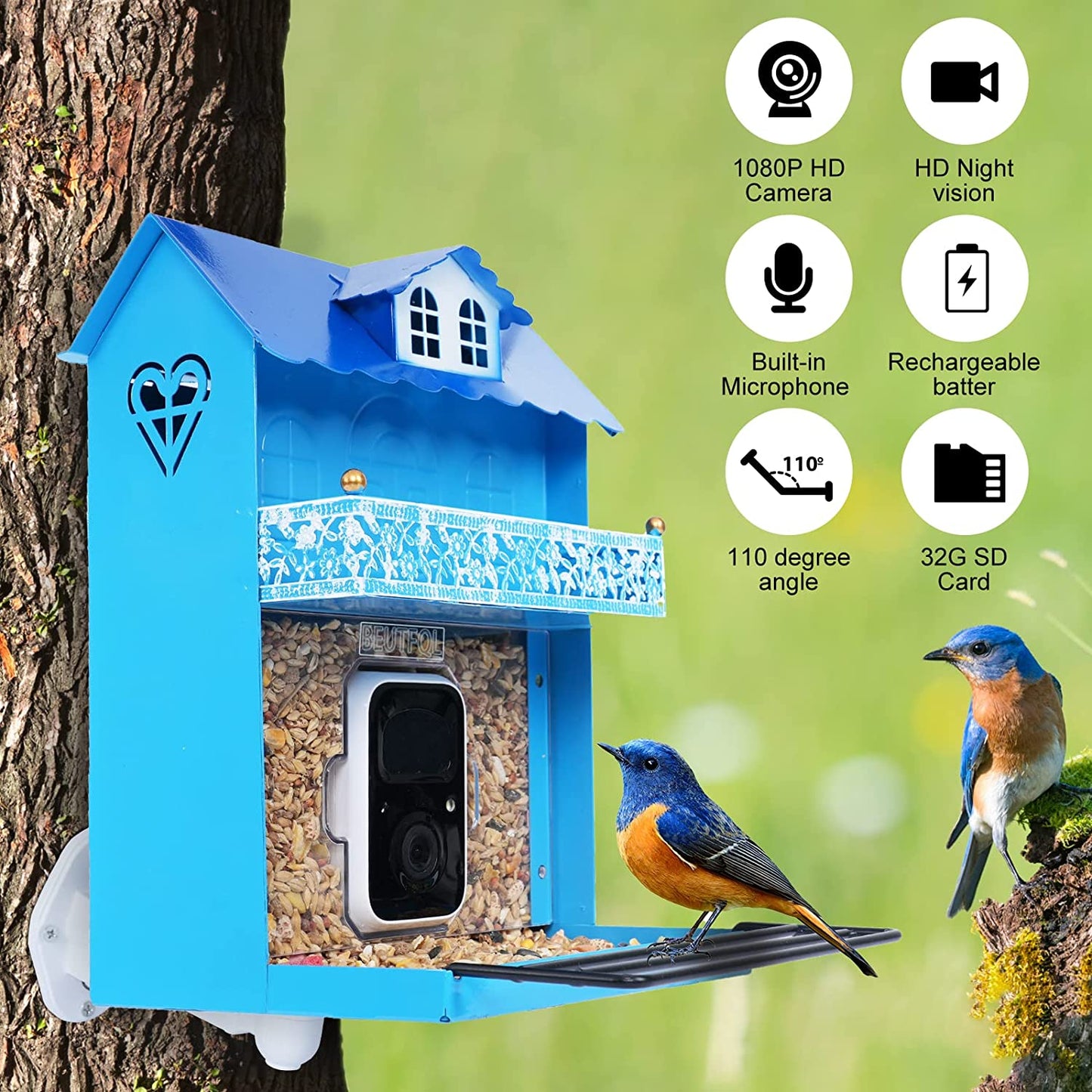 Smart Bird Feeder with Camera,Bird Feeder Camera Auto Capture Birds and Notify,Ip65 Rainproof 1080P HD Full Color Night Vision Bird House Camera,Free 32G SD Card, Ideal Gift for Family