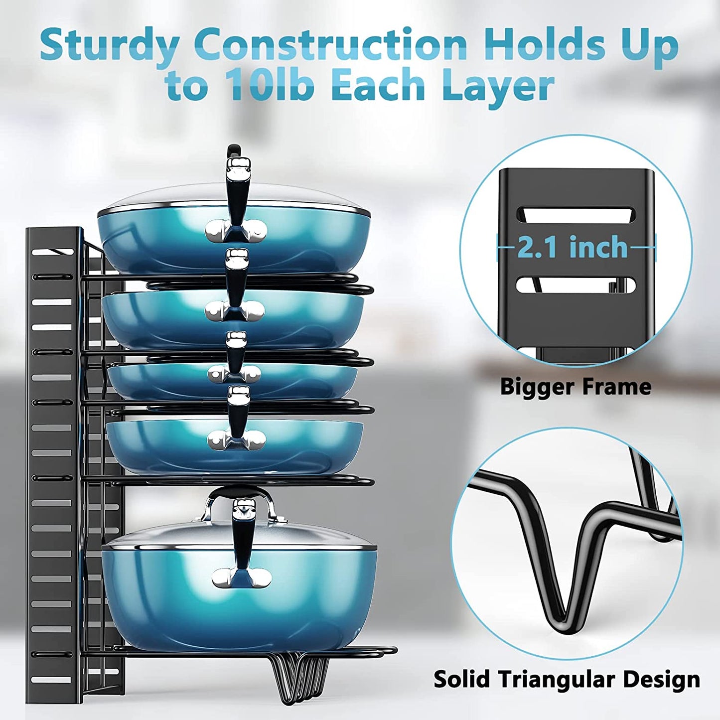 Pots and Pans Organizer for Cabinet, ORDORA 8 Tier Pot Rack with 3 DIY Methods, Adjustable Pan Organizer Rack for Cabinet, Pot Organizer for Kitchen Organization & Storage, Pot Lid Organizer