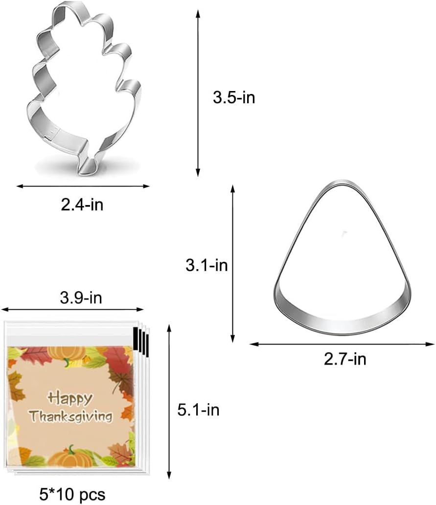 Fall Thanksgiving Feast Cookie Cutters - 5 Pieces Large Cookie Cutters Shape - Turkeys, Oak Leaf, Pumpkin, Acorn, Candy Corn for Christmas Food Party Decorations