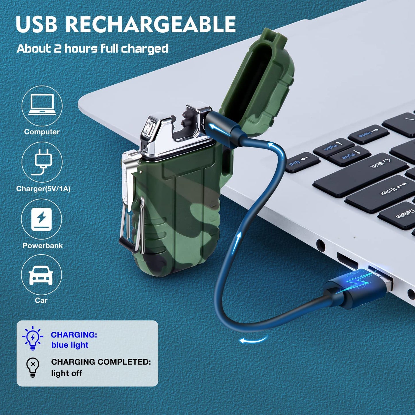 Lcfun Waterproof Lighter Outdoor Windproof Lighter Dual Arc Lighter Electric Lighters USB Rechargeable-Flameless-Plasma Cool Lighters for Camping, Hiking, Adventure, Survival Tactical Gear