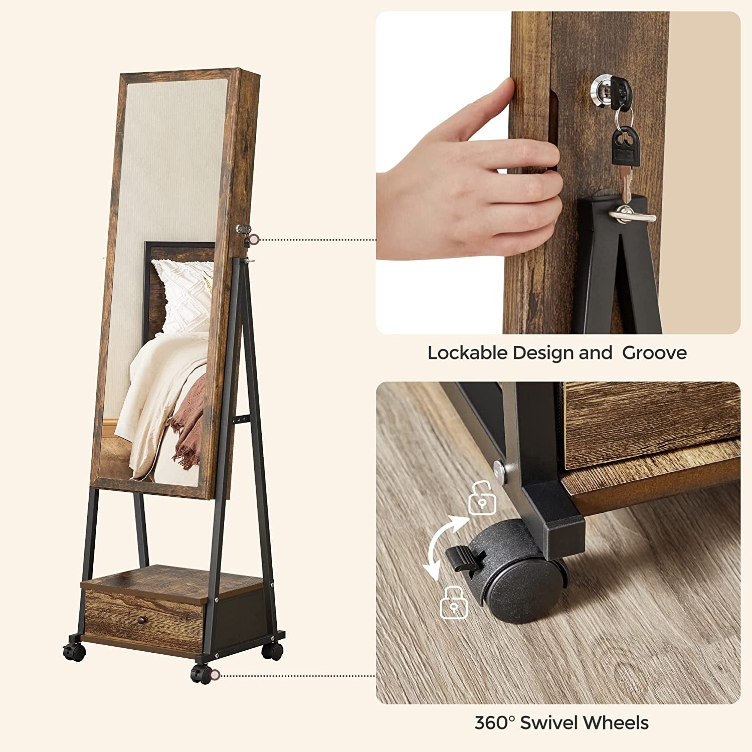 Jewelry Cabinet Floor Standing, Lockable Jewelry Organizer with High Full-Length Mirror, Bottom Drawer, Shelf, Wheels, Christmas Gifts, Rustic Brown and Black UJJC004X01