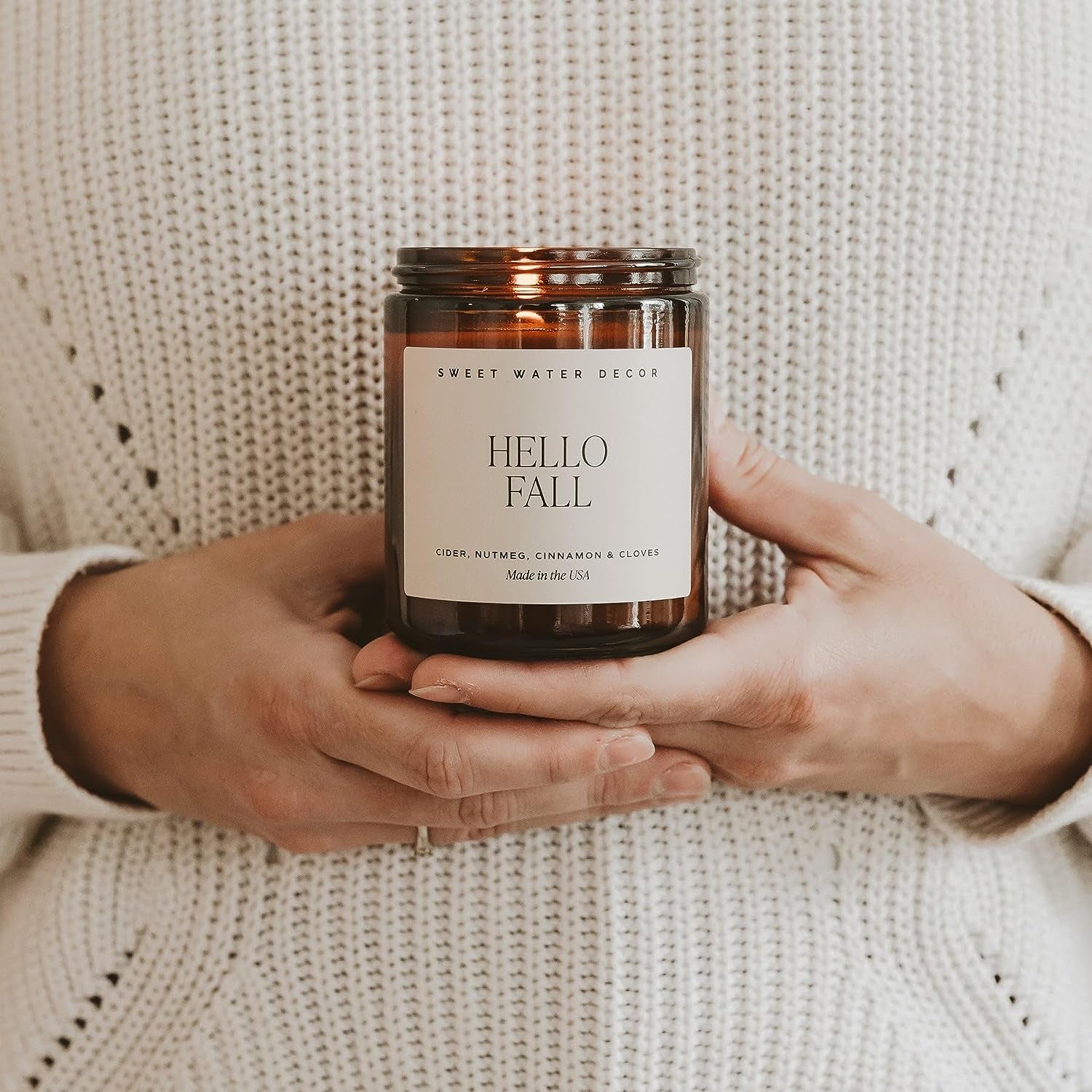 Hello Fall Soy Candle | Hot Cider, Cinnamon, Cloves, Apple, and Nutmeg Scented Candles for Home | 9Oz Amber Jar + Black Lid, 40+ Hour Burn Time, Made in the USA