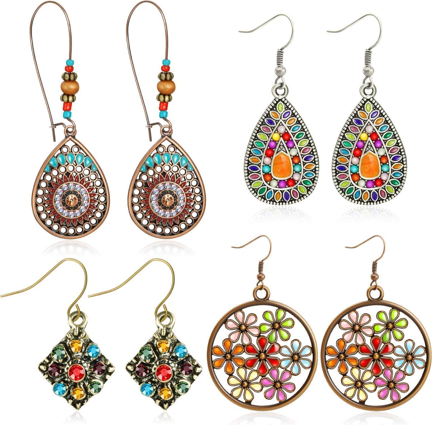 4 Pairs Bohemian Vintage Dangle Earrings Retro Rhinestone Earrings Boho Dangle Drop Earrings for Women Girls
