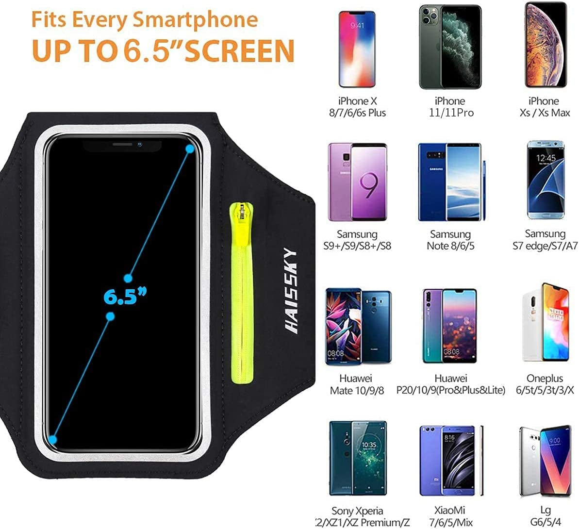 Running Armband with Airpods Bag Cell Phone Armband for Iphone 14 13 Pro 14 plus 12 11 XR XS, Galaxy S20/S10 Water Resistant Sports Phone Holder Case & Zipper Slot Car Key Holder for 6.5 Inch Phone