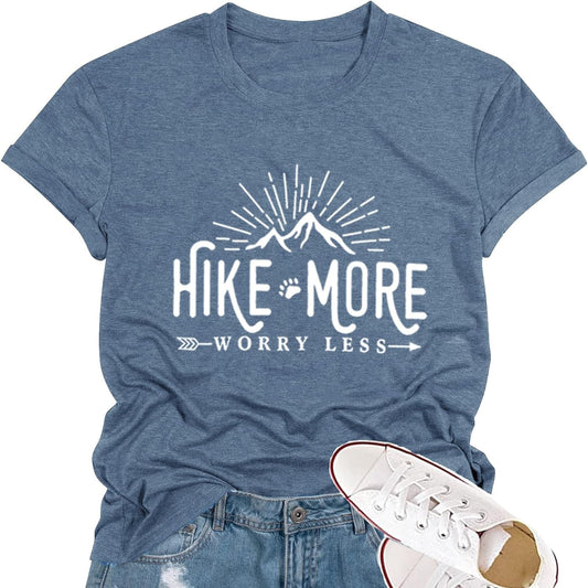 Hiking Shirt for Women Adventure Mountain Graphic Athletic Shirts Funny Hike More Worry Less Tee Tops