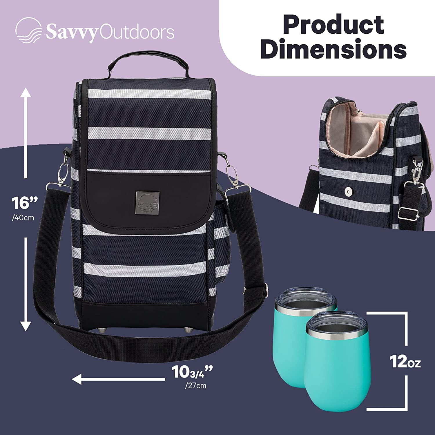 Savvy Outdoors Wine Tote Bag with Stemless Wine Glasses - Bottle Wine Bag with 2 Premium Insulated Wine Cups & Exterior Storage Pouch - Foldable Wine Carrier and Portable Wine Cooler Bags