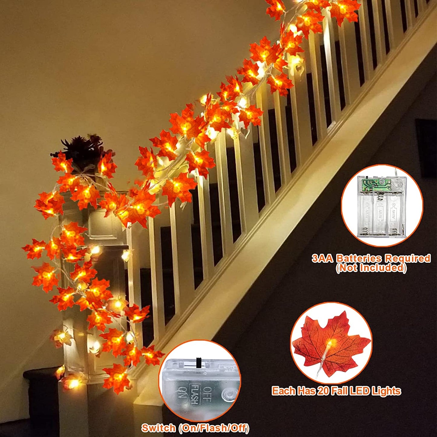 3 Pack Fall Thanksgiving Lights Thanksgiving Decorations for Home, Enlarged Maple Leaf Thanksgiving Garland, 30 Ft 60 LED Waterproof Battery Operated Leaf Lights Halloween Decoration Indoor Fall Decor