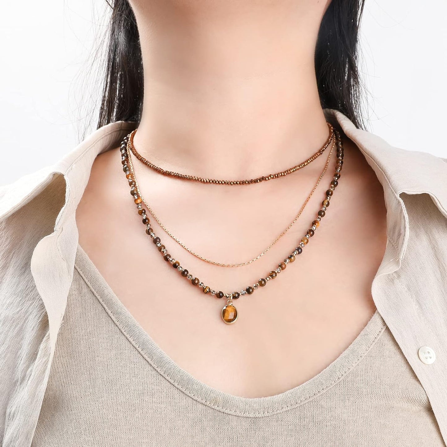Bohemian Beaded Choker Necklace for Women Girls Multilayered Natural Stone Beads Necklace with Stone Pendant Boho Strand Statement Necklaces Handmade Hippie Necklace Beach Jewelry Gift for Girls