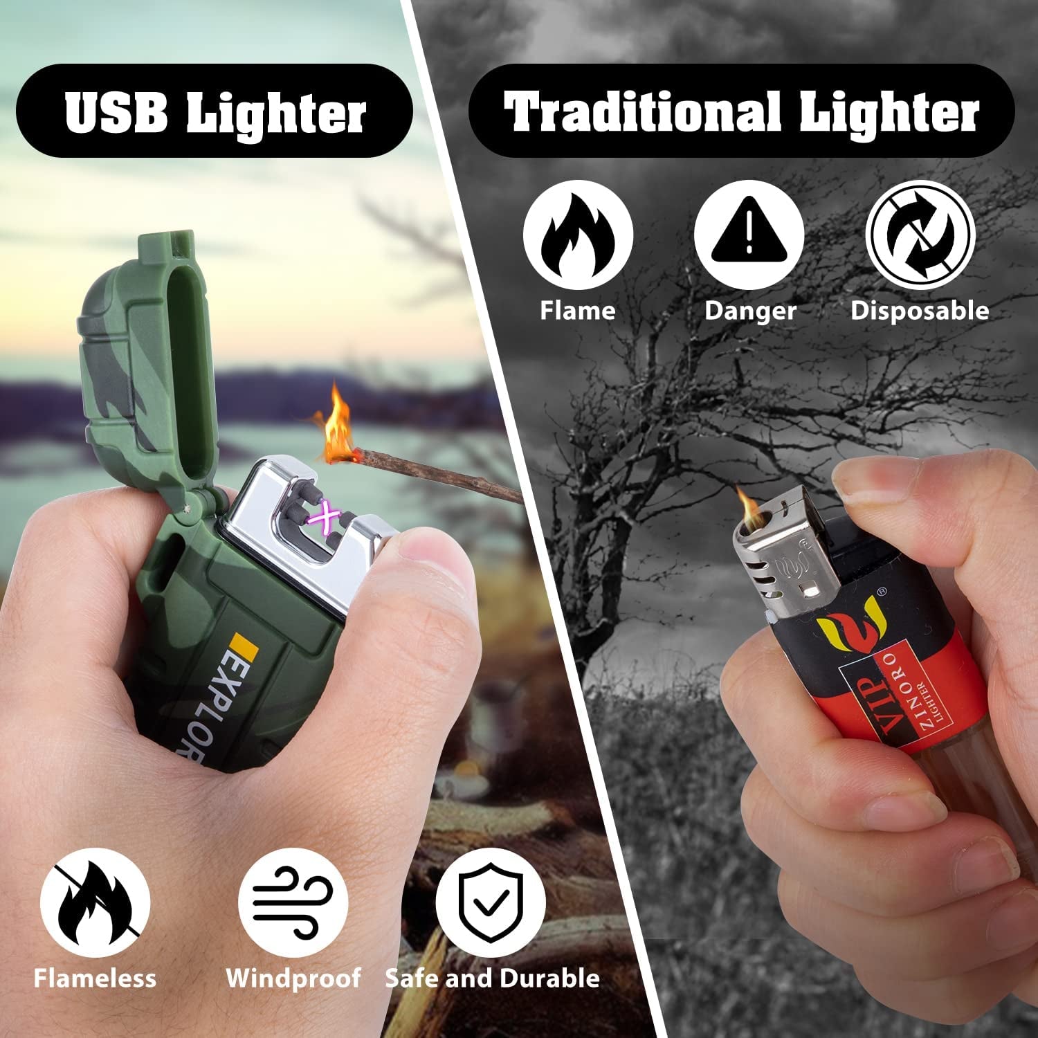 Lcfun Waterproof Lighter Outdoor Windproof Lighter Dual Arc Lighter Electric Lighters USB Rechargeable-Flameless-Plasma Cool Lighters for Camping, Hiking, Adventure, Survival Tactical Gear