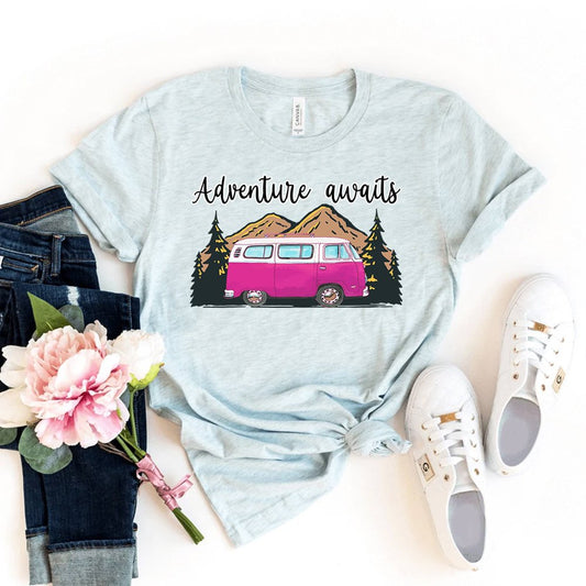 Adventure Awaits T-Shirt Camping Shirt Travel Gift Hiking Tee Nature Lover Top Vacation Shirts Outdoors Mountain Cute