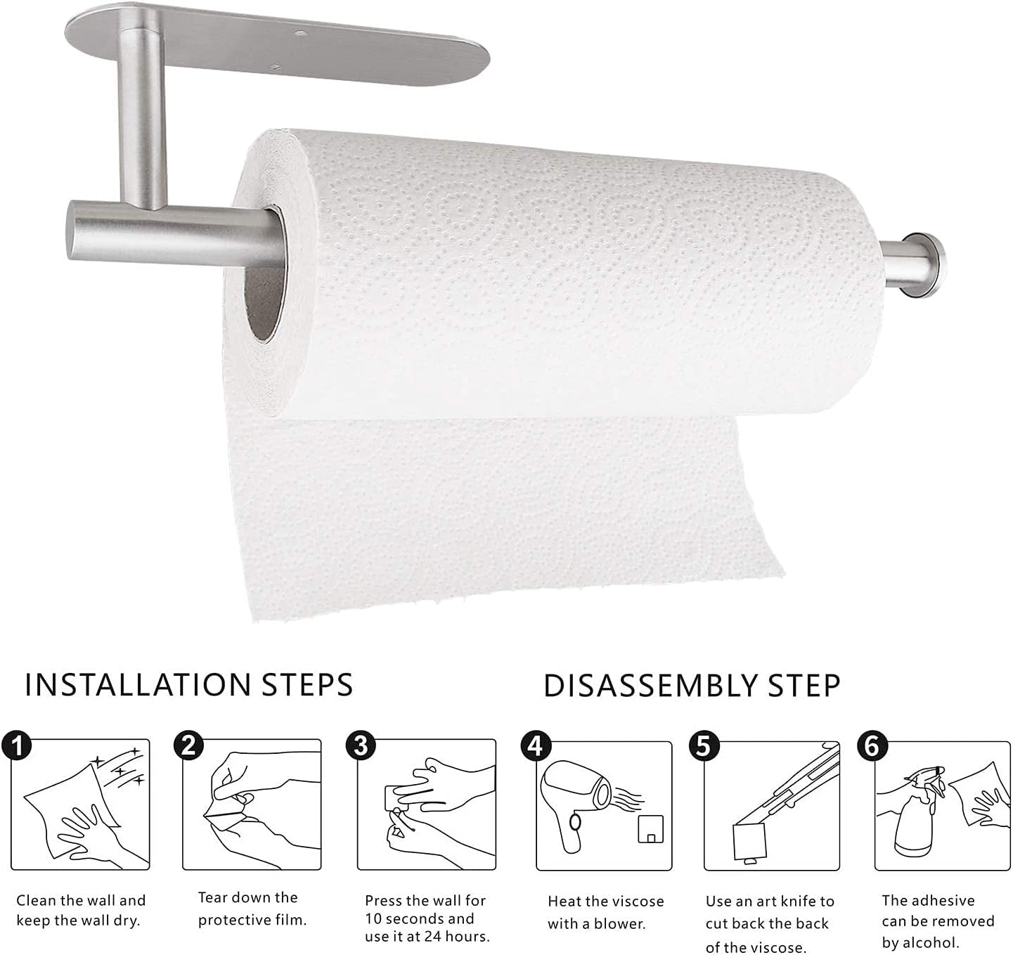 Paper Towel Holders-Blcak,Paper Towels Rolls - for Kitchen,Paper Towels Bulk- Self-Adhesive under Cabinet,Both Available in Adhesive and Screws,Stainless Steel(Silver 2PC)