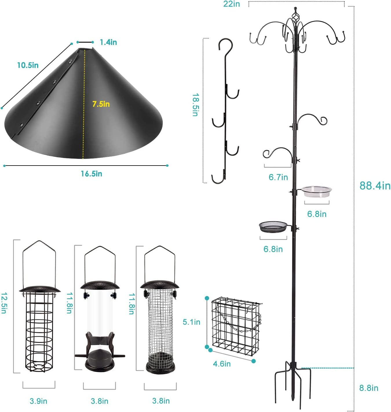 Bird Feeder Station Bird Feeding Station Kit Bird Feeder Pole Wild Bird Feeder Kit with Squirrel Baffle and Suet Cage Mesh Tray Fruit Hook Double W Hook for Attracting Wild Birds (15"L X 3"W X 6"H)