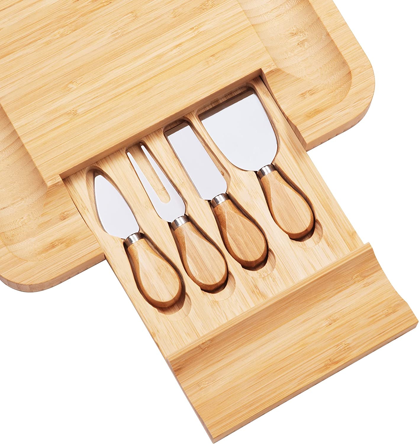 Bamboo Cheese Board Charcuterie Board Set with Cutlery - Slide-Out Drawer Includes 4 Stainless Steel Serving Utensils - Serving Tray for Wedding Gifts, Christmas Gifts, Housewarming