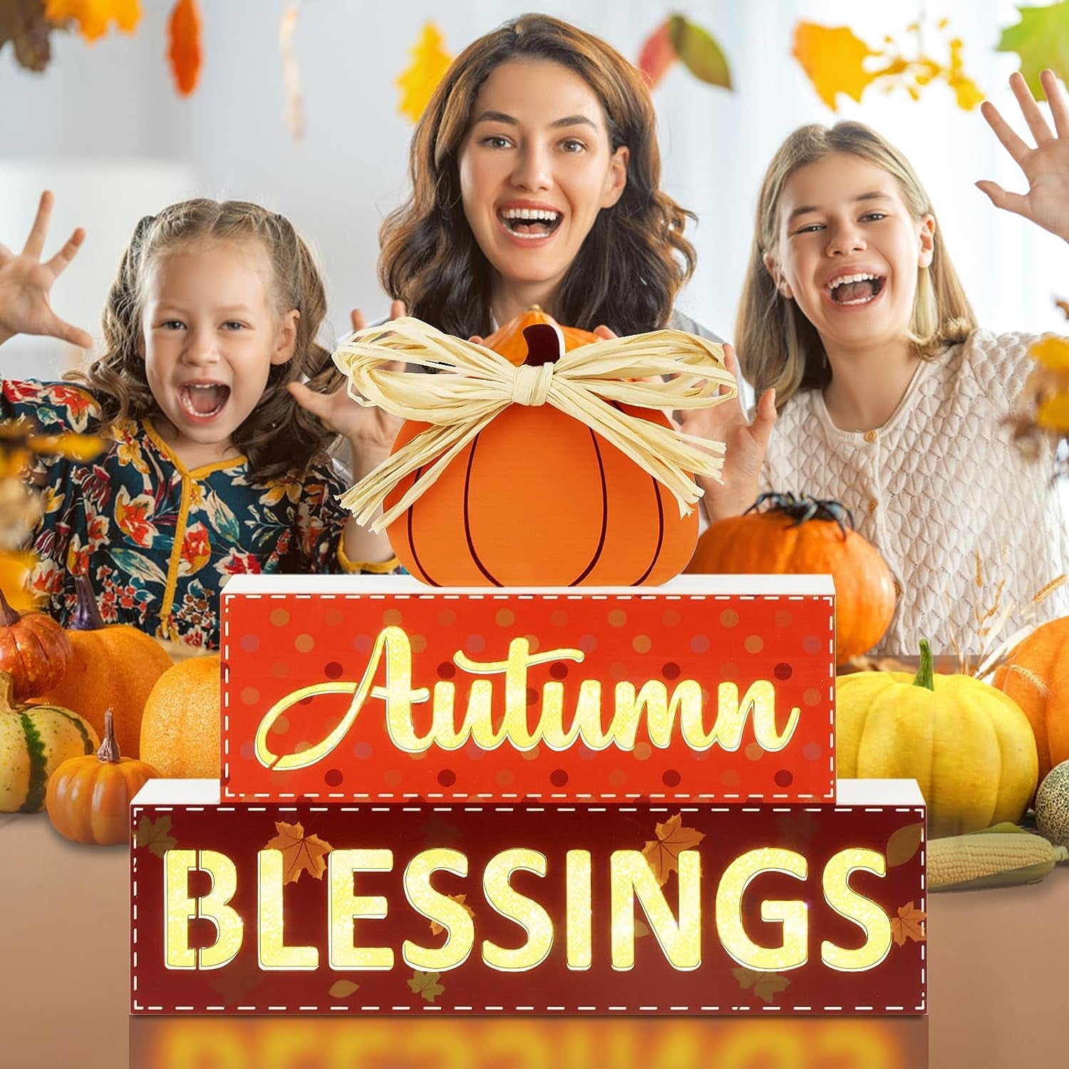 Fall Wooden Signs Light Up,Autumn Blessings Pumpkin Sing Lighted Fall Decorations for Home Indoor Table Mantle Tiered Tray Decor, Fall Harvest Thanksgiving Farmhouse Tabletop Decor