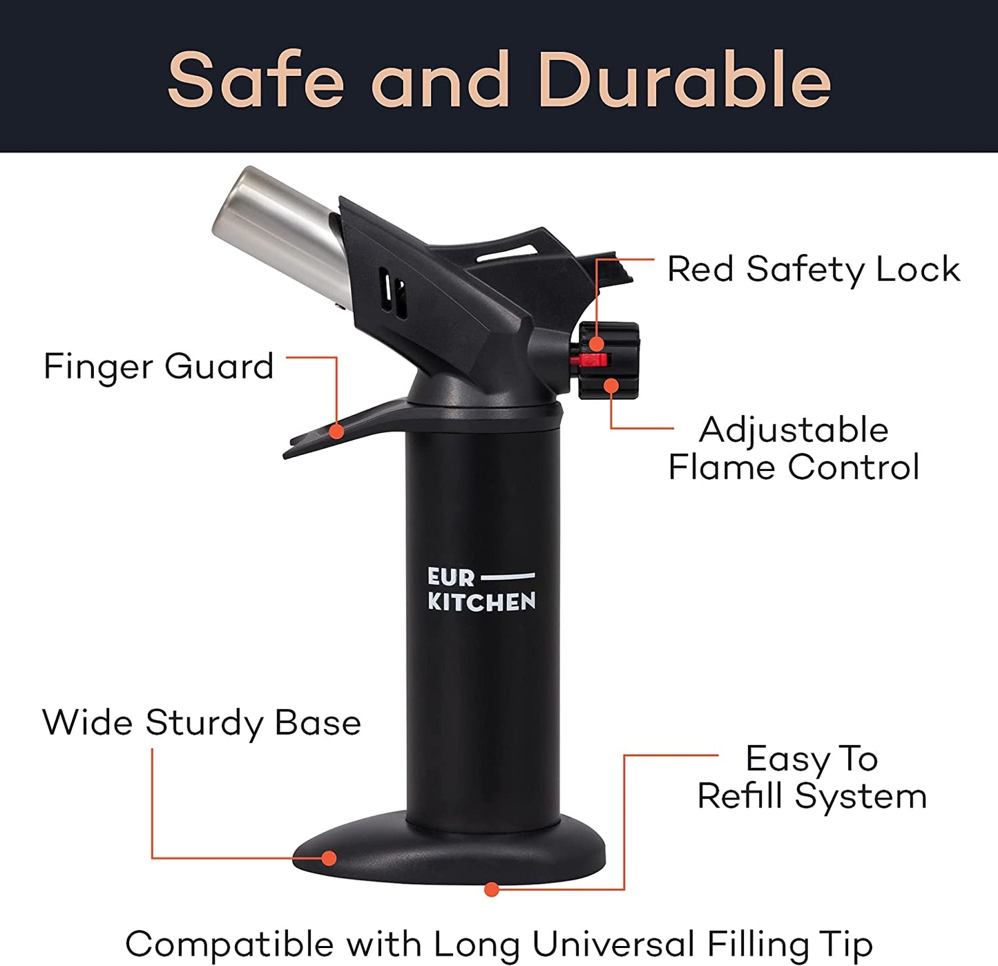 Premium Culinary Butane Torch with Safety Lock & Adjustable Flame Guard - Baking Tools as Chef Gifts - Kitchen Torch Lighter for Creme Brulee, BBQ, Soldering (Butane Gas Not Included)