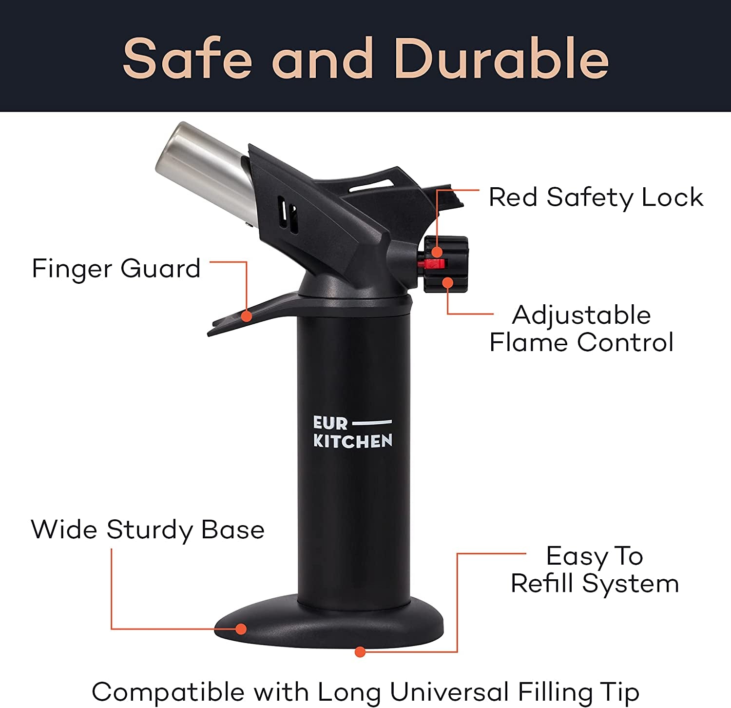 Premium Culinary Butane Torch with Safety Lock & Adjustable Flame Guard - Baking Tools as Chef Gifts - Kitchen Torch Lighter for Creme Brulee, BBQ, Soldering (Butane Gas Not Included)