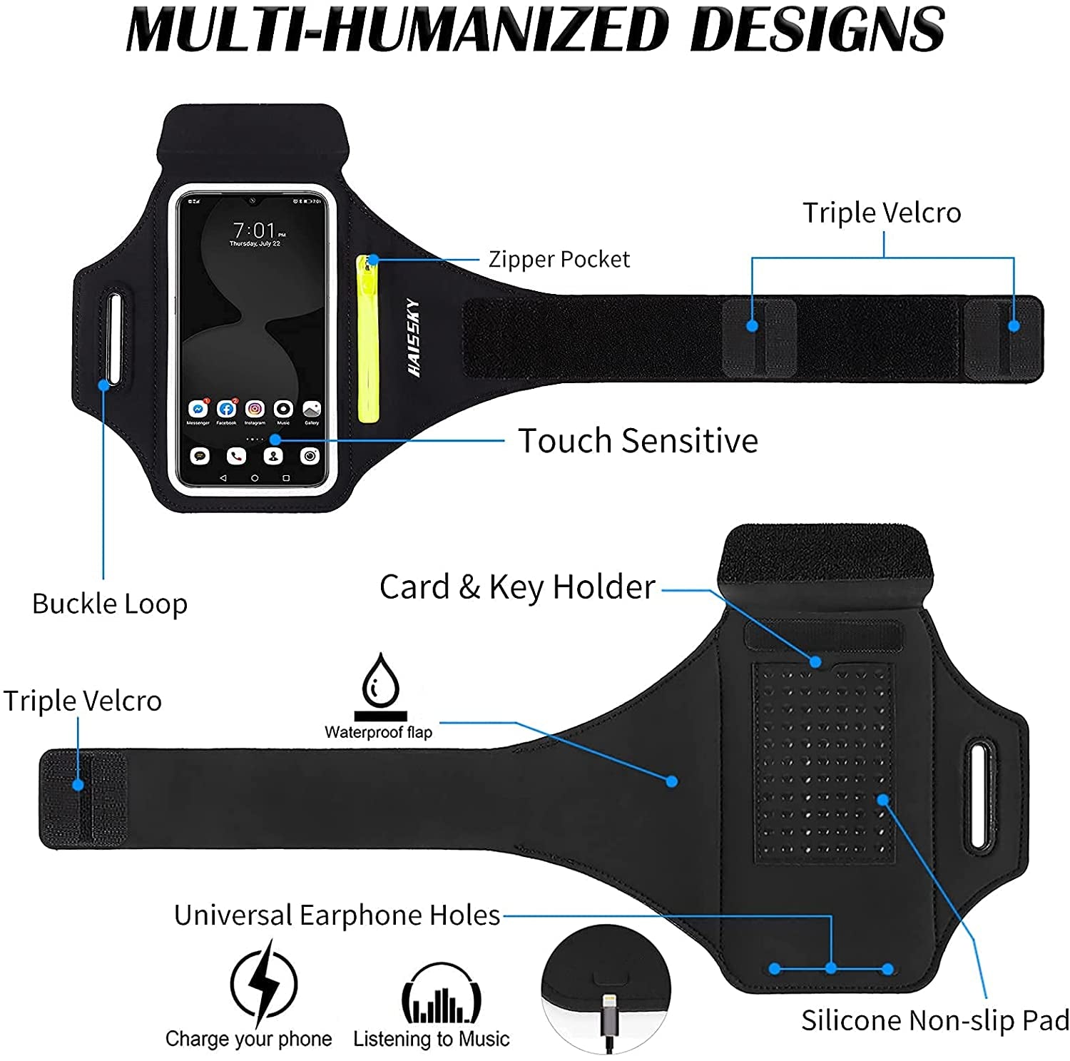 Running Armband with Airpods Bag Cell Phone Armband for Iphone 14 13 Pro 14 plus 12 11 XR XS, Galaxy S20/S10 Water Resistant Sports Phone Holder Case & Zipper Slot Car Key Holder for 6.5 Inch Phone