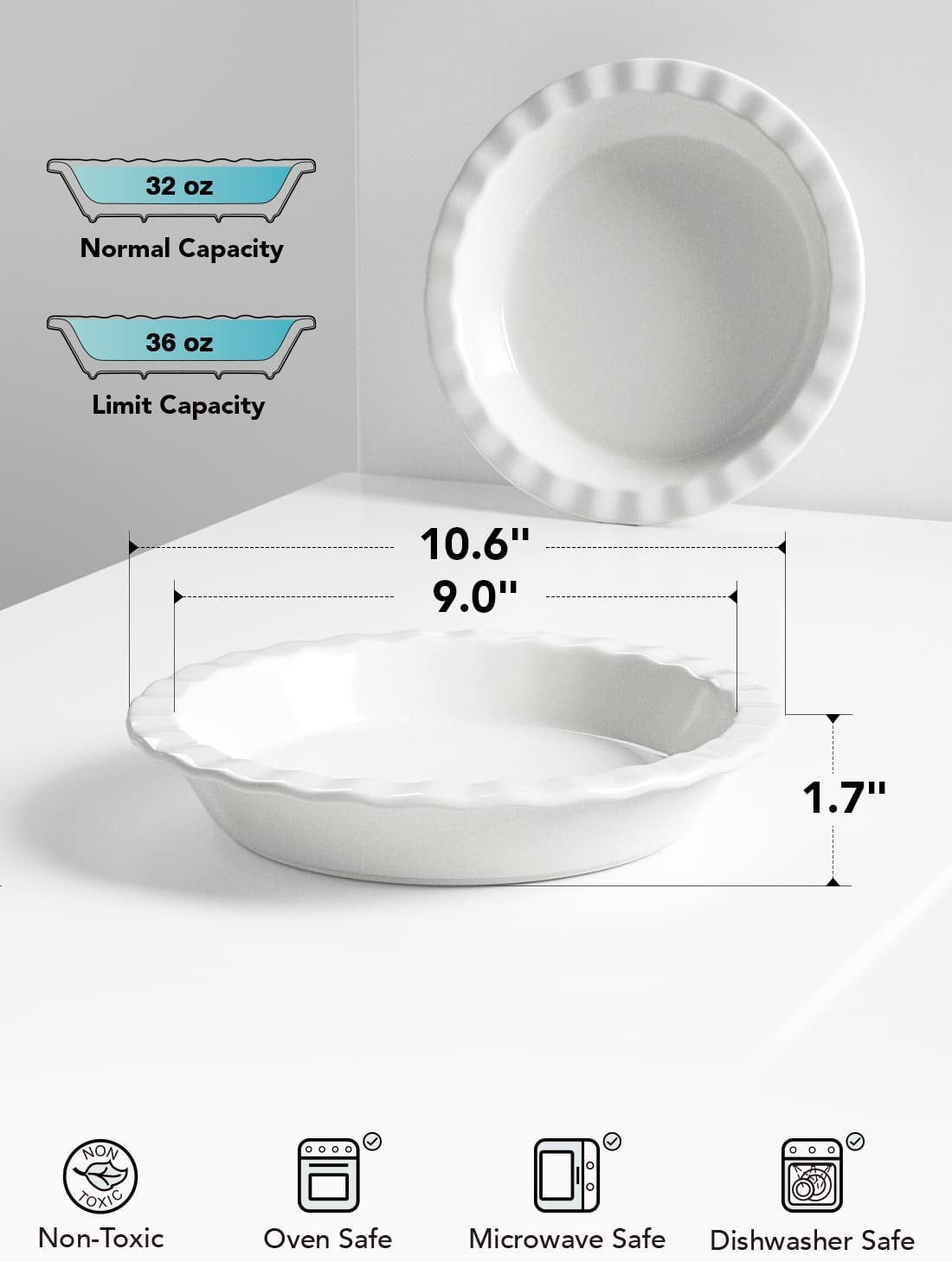 Ceramic Pie Pans for Baking, 9 Inches Pie Plate for Apple Pie, round Baking Dish, 36 Ounce Deep Dish Pie Pan, Set of 2, White