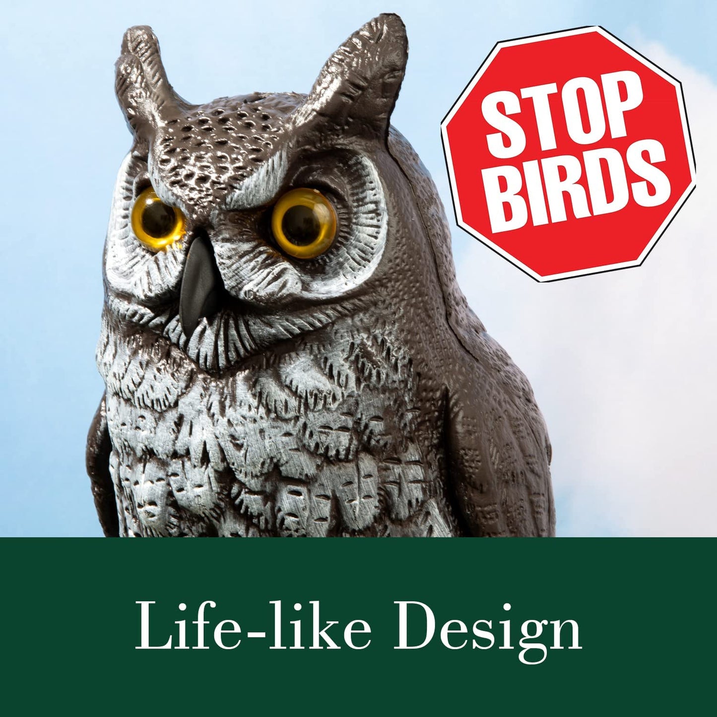 Fake Owl Decoy to Scare Birds Away from Gardens, Rooftops, and Patios - Scarecrow Provides Chemical-Free Pest Control - Safe and Humane, 16" Great Horned Owl