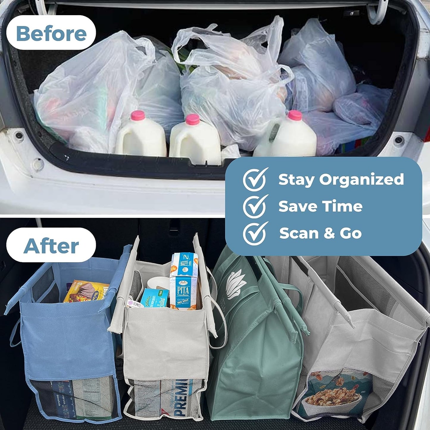 Grocery Store Reusable Easy Cart and Pack Set of 4 -W/Lrg COOLER Bag & Egg/Wine Holder! Reusable Grocery Cart Bags Sized for USA. Washable Eco-Friendly 4-Bag Grocery Tote. (Earth Tones)