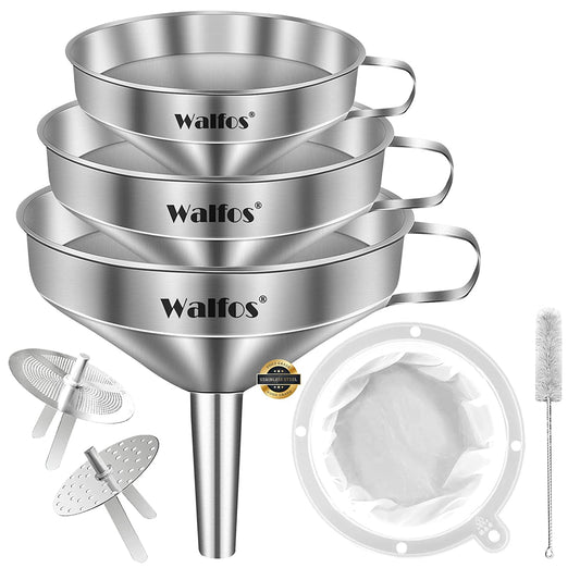 3Pcs Kitchen Funnel with 2 Removable Strainer ＆ 1 Cleaning Brush & 1Pc 200 Mesh Food Filter Strainer, Food Grade Stainless Steel Funnel for Transferring of Liquid, Oils, Jam, Dry Ingredients