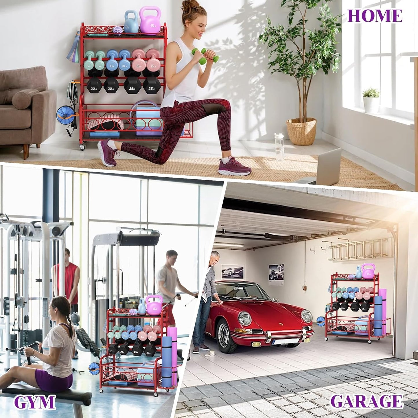 Weight Rack for Dumbbells, Dumbbell Rack Weight Stand,  Home Gym Storage Rack for Yoga Mat Kettlebells and Strength Training Equipment, Weight Storage Holder Rack for Dumbbells with Wheels