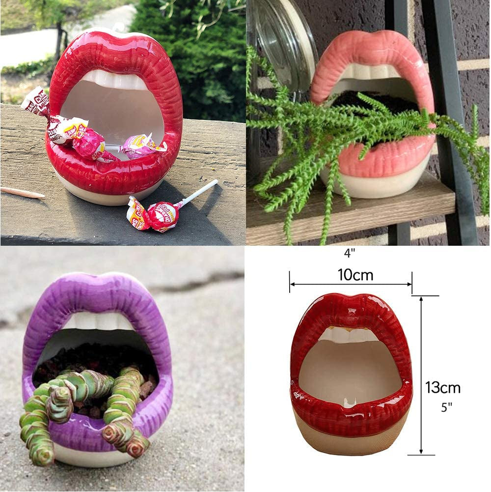 Lemonadeus Multi-Role Ceramic Sexy Lips Planter Stylish Lip Pot/Gadget Storage Mouth Planter Unique Ash Tray Ceramic Container (Red)