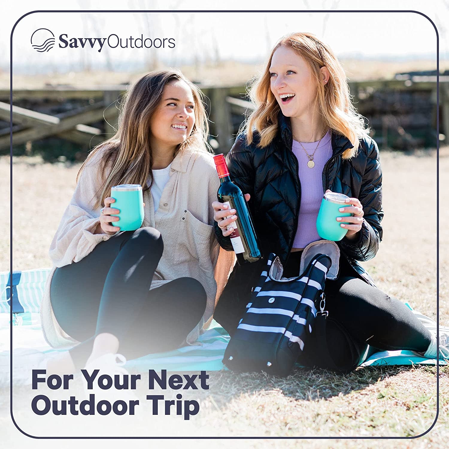 Savvy Outdoors Wine Tote Bag with Stemless Wine Glasses - Bottle Wine Bag with 2 Premium Insulated Wine Cups & Exterior Storage Pouch - Foldable Wine Carrier and Portable Wine Cooler Bags